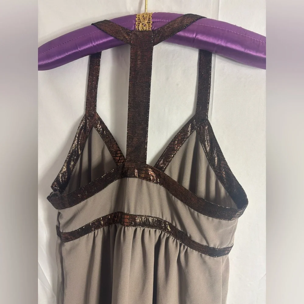 Brown Babydoll Empire Waist Metallic Copper High‎ Lo Boho Mini Dress Size M